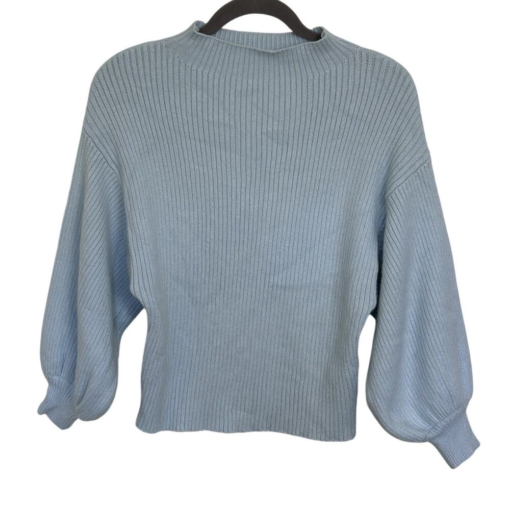 Line & Dot Light Blue Rib Knit Balloon Sleeve Mock Neck Sweater XS Minimalist